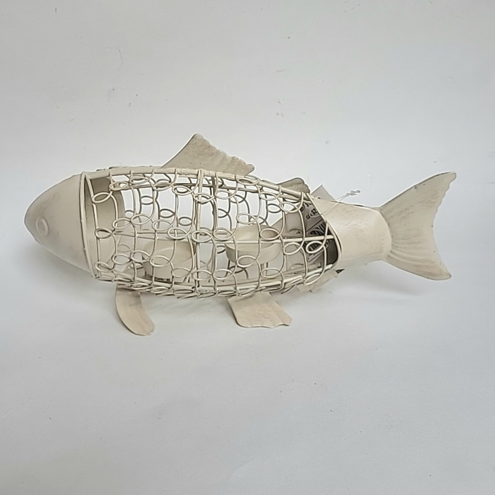 Rustic Fish Design Beige Tea Light Candle Holders Pair (2)